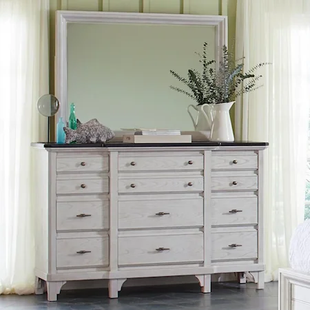 Transitional Dresser with Felt Lined Top Drawers and Mirror